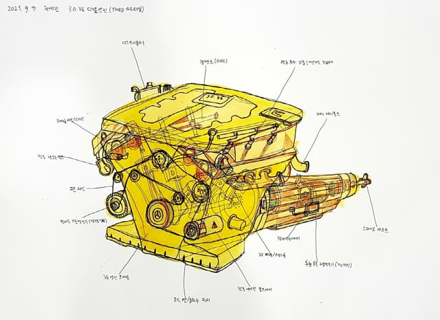 3.0 V6 디젤엔진.39.4cmx54.5cm.아크릴 &펜.2021