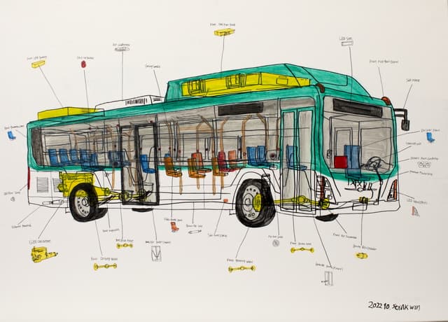 초록 저상버스.캔버스에 아크릴 & 펜. 90.9cm x 65.1cm.2022